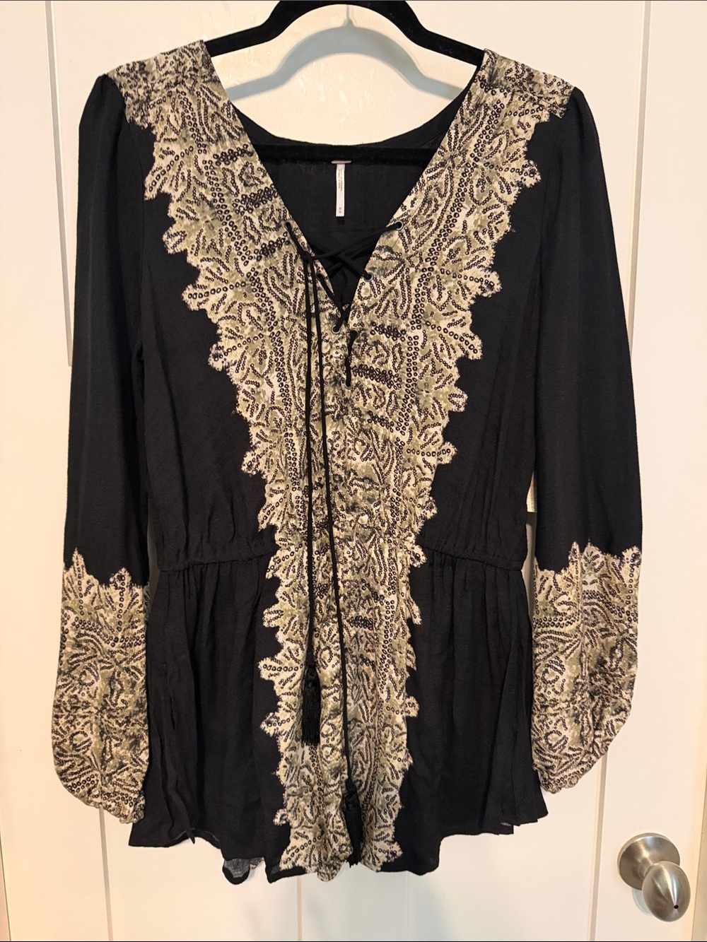 NWT Free People Black Whimsy Goth Boho Lace-Up Tunic with Cream Panels